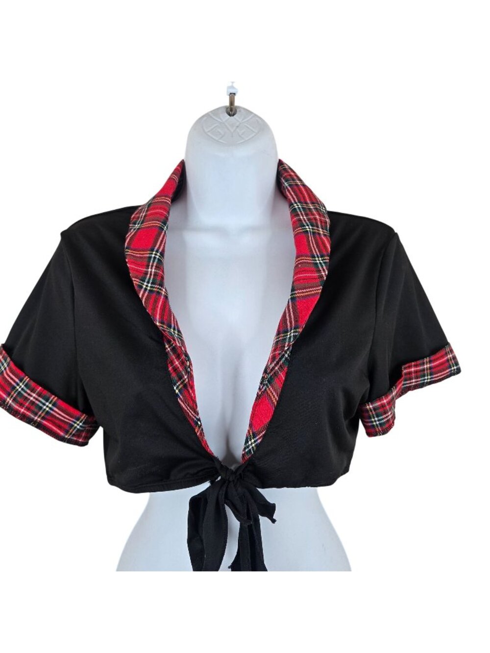 Vintage Y2K Black Tie Crop Top Red Plaid Short Sleeves M School Girl Goth